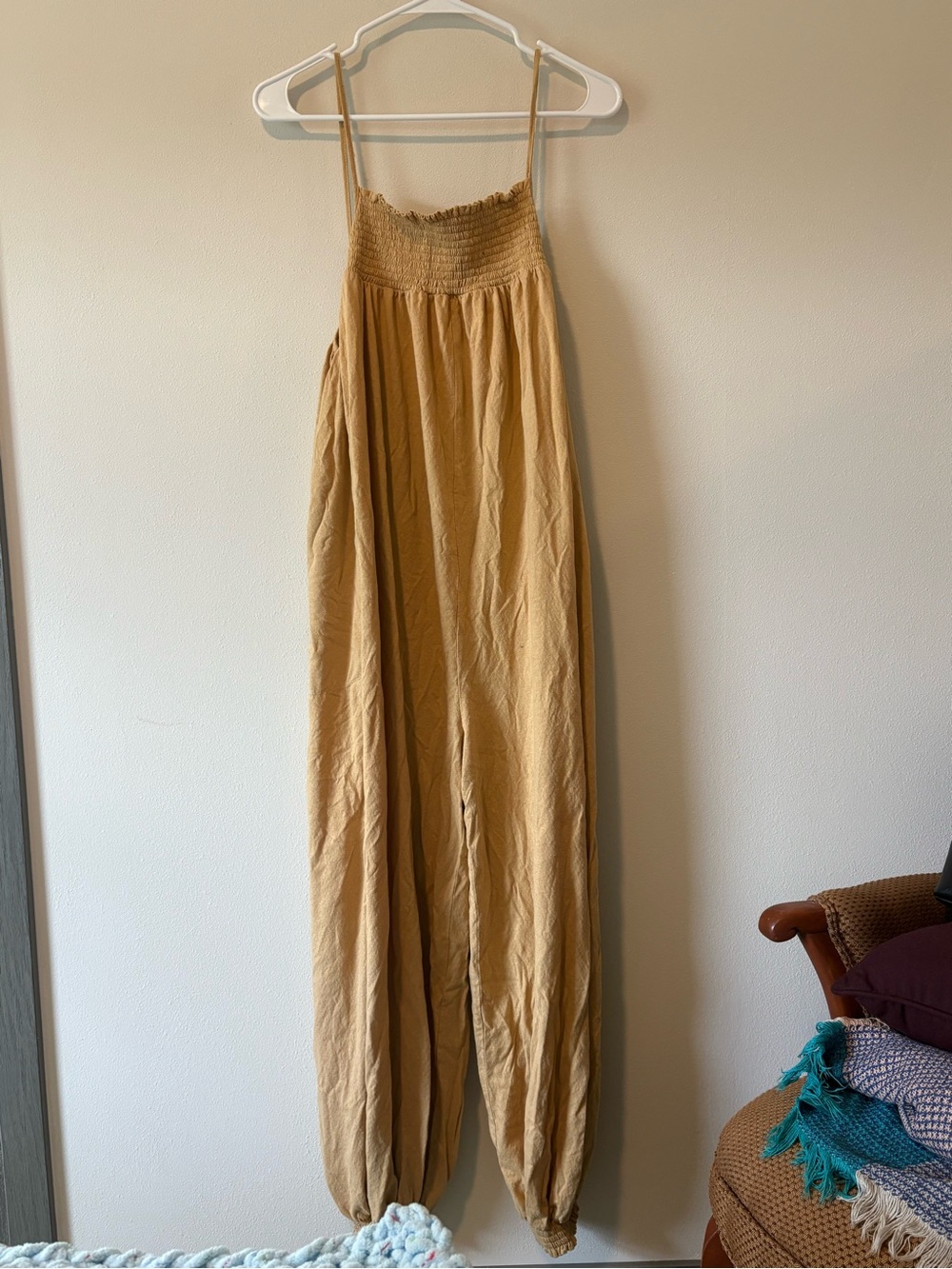 Smocked Bodice Wide-Leg Jumpsuit in Mustard Yellow